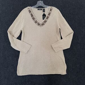 Taylor Marcus Sweater Womens Large Camel Embellished Tunic Beaded V Neck Knit